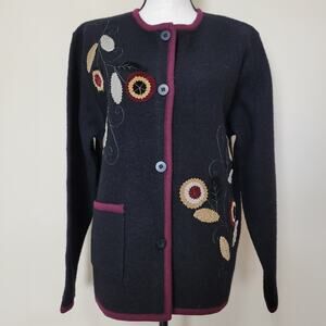 NWT Tally-Ho Size L Wool Button Cardigan Jacket Sweater Applique Embroidered